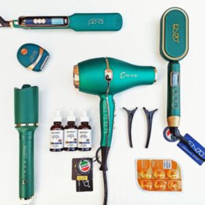 Gamme ENZO Vert Foncé ( lisseur En-9910 + brosse 4103 vert foncé + Boucleur vert foncé En-1922 + séchoir vert foncé En-6003 ))