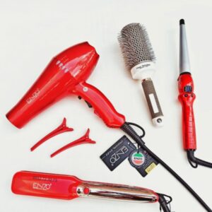 Gamme ENZO Rouge ( Lisseur En-3335rouge  + séchoir En-8860 Rouge  +Boucleur En-9109 + brosse séchoir )