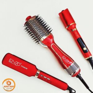 Gamme Enzo Rouge ( Boucleur automatique En-1933 rouge + Brosse 4115 rouge + lisseur En3121)