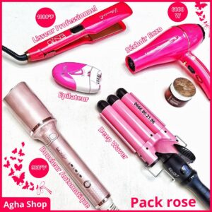 Pack rose ( séchoir En-111 rose + boucleur automatique rose 1922 + lisseur 3821 + épilateur 0103 + deep waver en-1967)